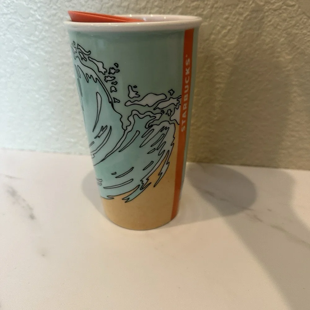 Starbucks San Diego CA Ceramic Travel Tumbler Surf VW Bus Beach Cup 2016 EUC